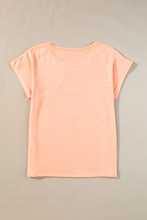 Apricot Pink Solid Color Button Decor Batwing Sleeve Tee