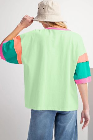 Green Color Block Sleeve Round Neck Oversize Top