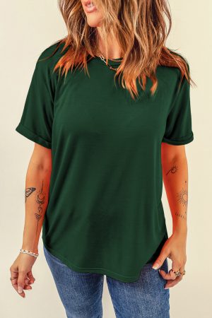 Green Solid Color Basic Crew Neck Plain Tee