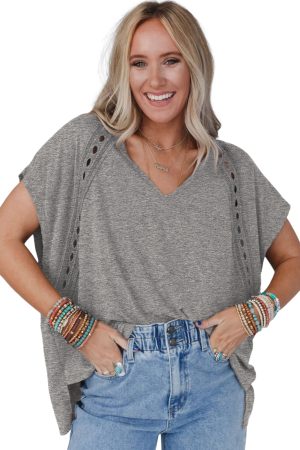 Gray Crochet Lace Detail Batwing Sleeve Oversized Tee