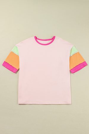 Pink Color Block Sleeve Round Neck Oversize Top