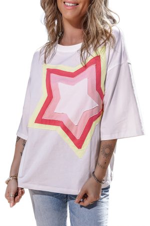 White Colorblock Star Patched Half Sleeve Oversized Tee