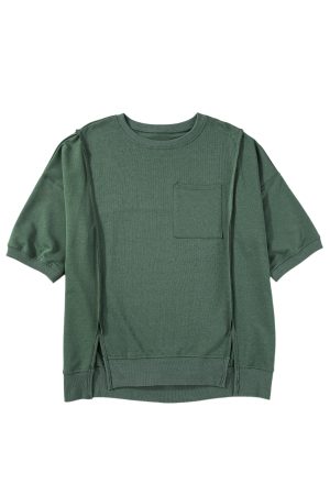 Laurel Green Exposed Seam Pocket Side Split Loose T Shirt