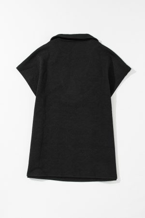 Black Textured V Neck Collared Slit Hem T Shirt