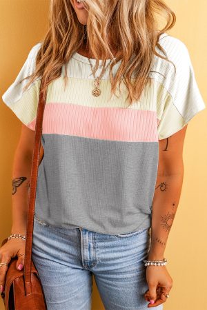 Gray Ribbed Color Block Patchwork Round Neck T Shirt