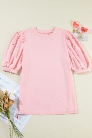 Light Pink Rhinestone Pearl Detail Puff Sleeve Plain Top