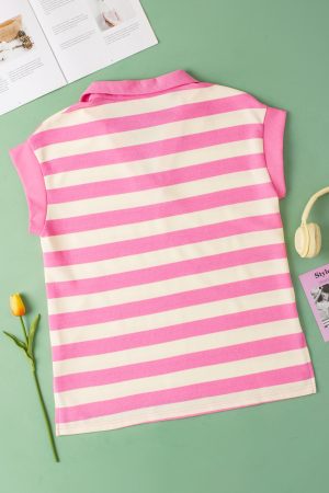 Pink Stripe Collared V Neck Cap Sleeve Top