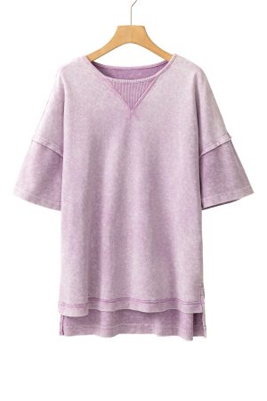 Orchid Petal Mineral Wash Exposed Seam Drop Shoulder Oversized Tee