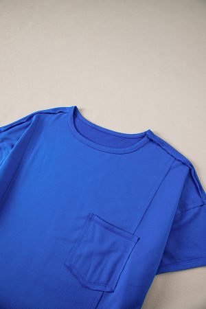 Blue Patched Pocket Exposed Seam Oversize T-shirt