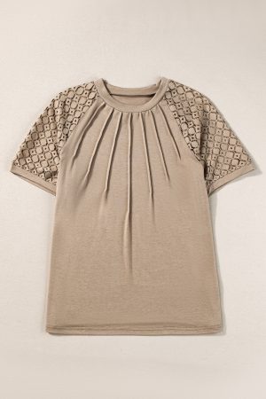 Pale Khaki Seamed Detail Contrast Lace Raglan Sleeve Tee