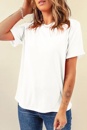 White Solid Color Basic Crew Neck Plain Tee