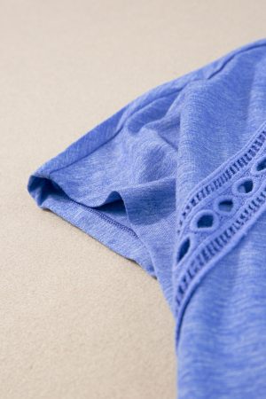 Sky Blue Solid Color Crochet Lace Detail Oversized Tee