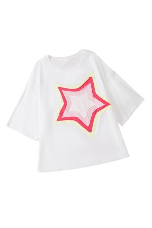 White Colorblock Star Patched Half Sleeve Oversized Tee