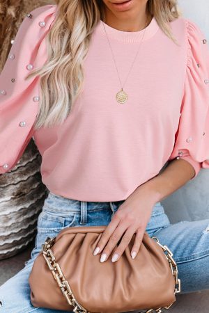 Light Pink Rhinestone Pearl Detail Puff Sleeve Plain Top