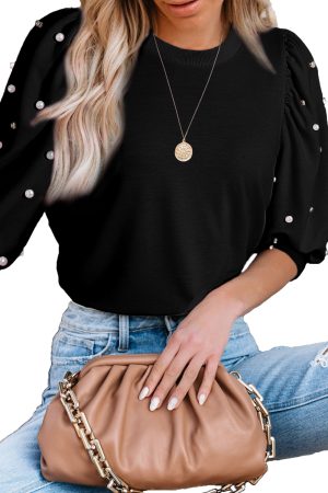 Black Rhinestone Pearl Puff Sleeve Plain T Shirt