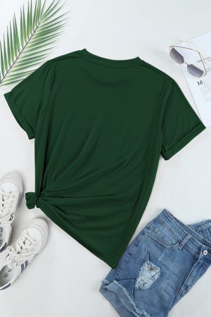 Green Solid Color Basic Crew Neck Plain Tee