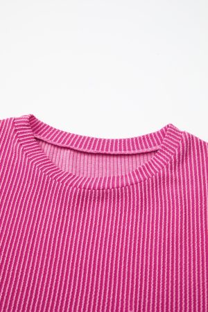 Pink Ribbed Knit Pocketed Loose Fit Crew Neck T Shirt