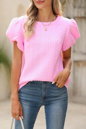 Pink Textured Puff Sleeve Round Neck T-Shirt