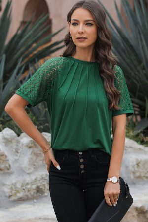 Blackish Green Seamed Detail Contrast Lace Raglan Sleeve Tee