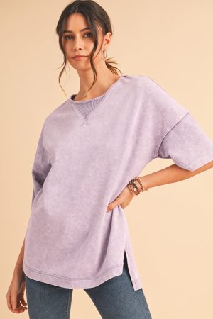 Orchid Petal Mineral Wash Exposed Seam Drop Shoulder Oversized Tee