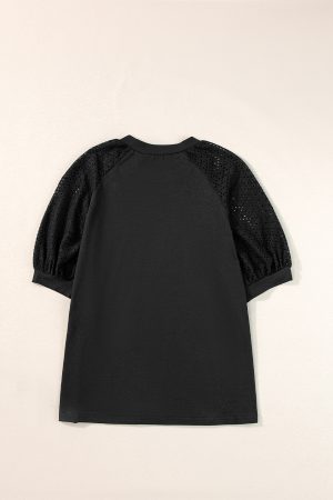 Black Pointelle Lace Sleeve Loose Round Neck Tee