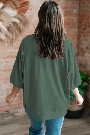 Laurel Green Exposed Seam Pocket Side Split Loose T Shirt