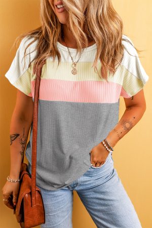 Gray Ribbed Color Block Patchwork Round Neck T Shirt