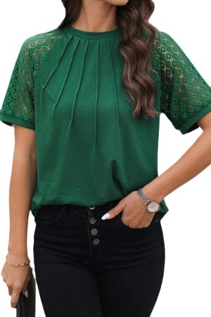 Blackish Green Seamed Detail Contrast Lace Raglan Sleeve Tee