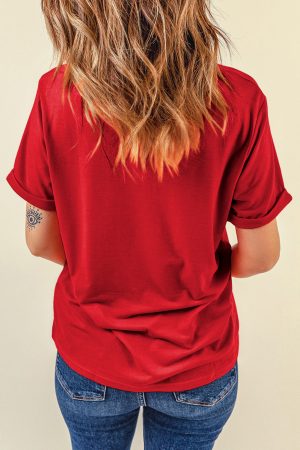 Red Solid Color Basic Crew Neck Plain Tee