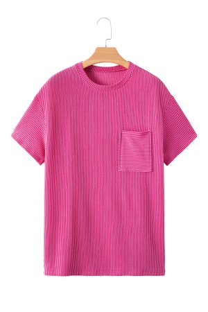 Pink Ribbed Knit Pocketed Loose Fit Crew Neck T Shirt