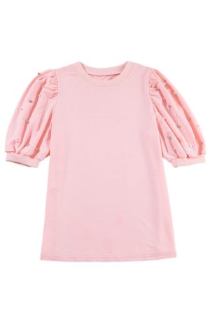 Light Pink Rhinestone Pearl Detail Puff Sleeve Plain Top