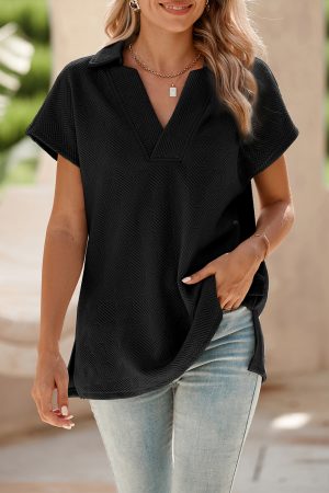 Black Textured V Neck Collared Slit Hem T Shirt