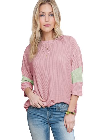 Light Pink Ribbed Colorblock Drop Sleeve Top