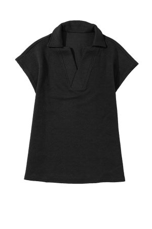 Black Textured V Neck Collared Slit Hem T Shirt