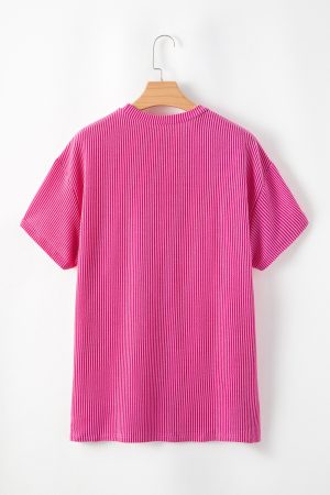 Pink Ribbed Knit Pocketed Loose Fit Crew Neck T Shirt