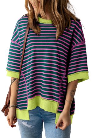 Green Stripe Colorblock Drop Sleeve Loose Top