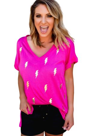 Rose Shiny Lightning Print V Neck Loose T Shirt