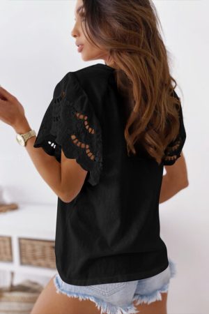 Cut Out Sleeve Casual Black T-shirt for Women