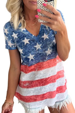 Bluing America Flag Print V-Neck T Shirt