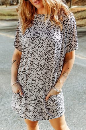 Cheetah Print Casual Side Pockets Short Sleeve Tunic Top