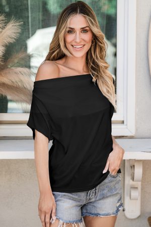 Black Solid Color Cowl Neck Tee