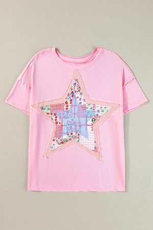 Pink Vibrant Star Patchwork Loose T-shirt