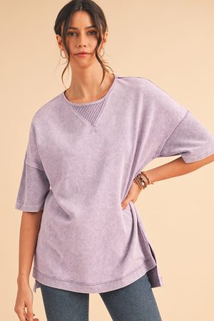 Orchid Petal Mineral Wash Exposed Seam Drop Shoulder Oversized Tee