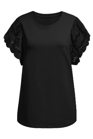 Cut Out Sleeve Casual Black T-shirt for Women