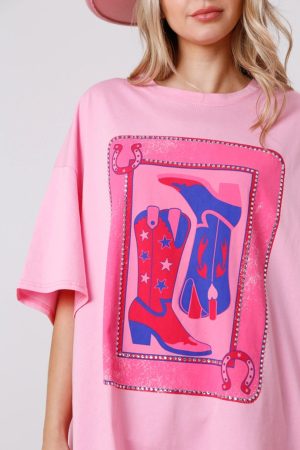 Pink Boots Card Graphic Oversized Round Neck T Shirt