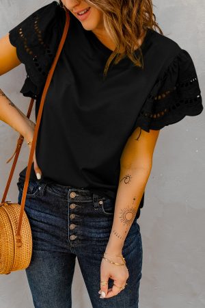 Cut Out Sleeve Casual Black T-shirt for Women