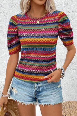 Rose Red Ethnic Wavy Pattern Puff Sleeve T Shirt