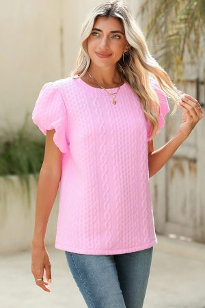 Pink Textured Puff Sleeve Round Neck T-Shirt