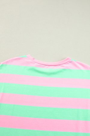 Pink Stripe Colorblock Cuffed Sleeve Loose Tee