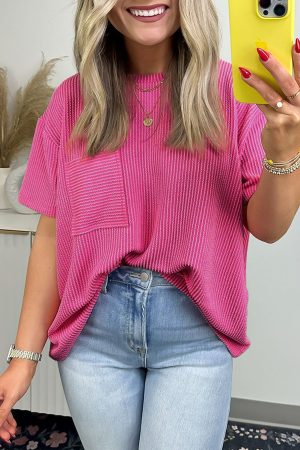 Pink Ribbed Knit Pocketed Loose Fit Crew Neck T Shirt